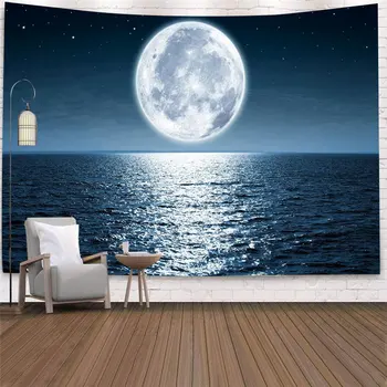 Гобелен с видом на море в ночное время, Море, Полная Луна, Кокосовая пальма, Искусство, Полиэфирная ткань, Фон Для украшения стен, Гобелен