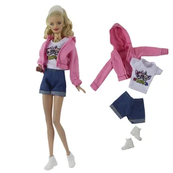 1 Комплект спортивного пальто с капюшоном для куклы Барби Одежда Розовая куртка + Милая рубашка + Обувь + Шорты для 1/6 Куклы Аксессуары Игрушки