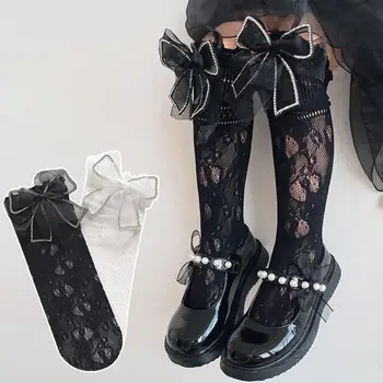 1 пара носков для телят, кружевные полые эластичные чулки в японском стиле, для повседневной носки, бархатные детские носки с бантиком, подарок на день рождения