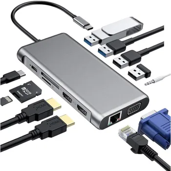 12 в 1 USB C Концентратор с Двумя Мониторами Адаптер Для Ноутбука Концентратор USB C на 2 HDMI 4K + VGA + Ethernet + 100 Вт PD + 4USB + Аудио для MacBook Pro OTG