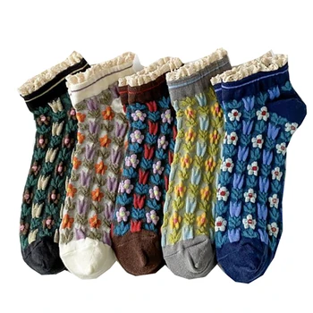 2 Пары женских носков, кружевные носки с рюшами, оборками, Разноцветный Край салата, Хлопковые Повседневные Носки до щиколоток, Милый подарок Каваи