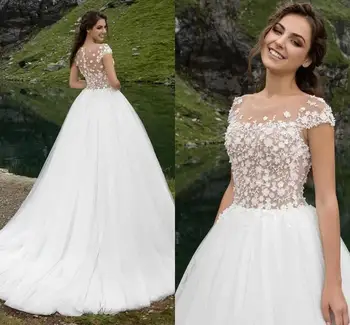 2021 Новое Свадебное платье из тюля Boho Illusion с круглым вырезом и цветочным шлейфом Vestidos De Noiva