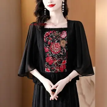 2023 женская блузка hanfu с цветочной вышивкой, традиционная женская кружевная шифоновая блузка, одежда hanfu, традиционный восточный костюм эпохи тан