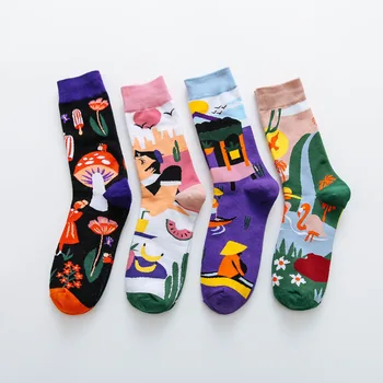 2023 Модные носки с красочным принтом, женские носки с грибами, креативные милые весенние женские хлопчатобумажные носки