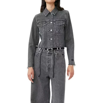 2023 Новая осенняя однотонная короткая джинсовая женская куртка с несколькими карманами, женская одежда
