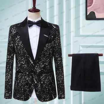 2023 Новый блейзер, пальто, мужские костюмы, свадебное платье с цветочным принтом, комплект из 2 предметов, мужской Роскошный Черный жаккард (куртка + брюки)