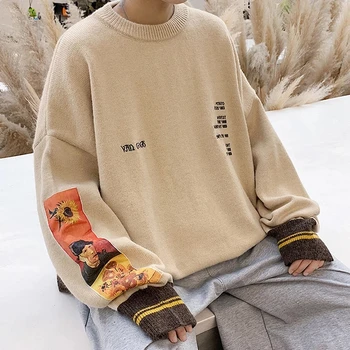 2023 Осенний Хлопковый мужской свитер в стиле хип-хоп, пуловер, Картина Ван Гога, Вышивка, Вязаный свитер, Винтажные мужские свитера