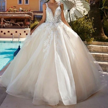 2023 Сексуальное Белое Бальное Свадебное Платье На Бретельках С Глубоким V-образным Вырезом, Кружевные Аппликации, Тюлевое Свадебное Длинное Платье Vestido De Novia Encaje