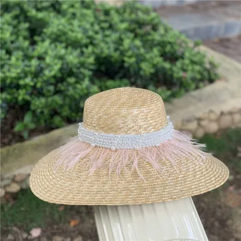 202302-shi дропшиппинг летние розовые страусиные волосы роскошный праздник Хепберн жемчужная лента соломенная женская кепка-ведро женская шляпа для отдыха