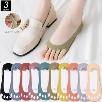 3 пары невидимых носков, женские носки Ice Silk с пятью отверстиями для пальцев, противоскользящий силикон для обуви на высоком каблуке 