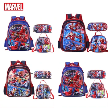 3шт Детский рюкзак Marvel Человек-паук Железный человек Мультфильм Сумка для ланча Пенал Рюкзак Набор из трех предметов Студенческий школьный рюкзак Подарок