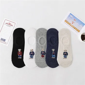 5 пар / лот Модные носки-лодочки Нескользящие невидимые силиконовые хлопчатобумажные тапочки на щиколотках с мультяшным медведем Летние осенние носки