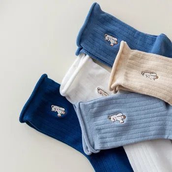 5 Цветов, Синие Носки С Мультяшной Вышивкой, Кавайные Милые Носки В Корейском Стиле, Женские Японские Модные Хлопковые Длинные Носки Для Девочек, 1 Пара