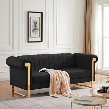 83-дюймовый современный бархатный диван, коллекционный Современный диван с бархатной обивкой, с золотыми подлокотниками и ножками из нержавеющей стали