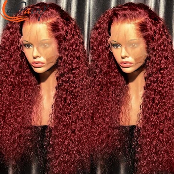 99J Бордовые цветные 360 кружевных фронтальных париков из человеческих волос, вьющиеся Полные 13x4 кружевных фронтальных парика для чернокожих женщин, HD Прозрачный Бесклеевой красный