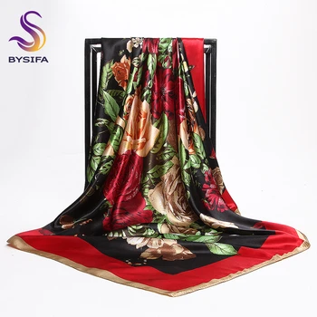[BYSIFA] Китай, Большие квадратные шарфы Roese на весну-осень 2017, Новый дизайн, красно-черные цветы, Шелковый шарф, Брендовый мусульманский головной платок