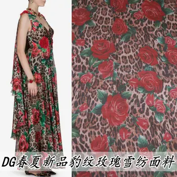 DG Новая летняя ткань из шифона с леопардовым принтом и розами ручной работы, праздничное платье-рубашка