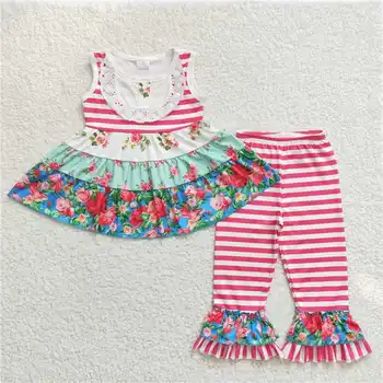 E2-11 оптовая цена, летняя новая детская одежда для девочек в розовую полоску, трехслойный комплект с цветочной строчкой, модный бутик