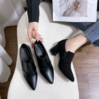 FHANCHU/ 2022/ Женские туфли-лодочки на высоком каблуке из Флока, Модная повседневная рабочая обувь, Без застежки, Блочный каблук, Острый носок, Черный, Прямая поставка