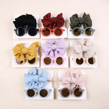 FOCUSNORM 8 цветов для малышей, мальчиков, девочек, солнцезащитные очки, повязка на голову, комплект из 2 предметов, круглые очки + однотонная лента для волос с бантом