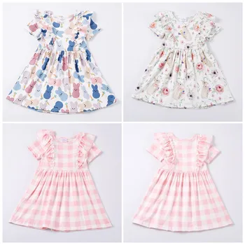 Girlymax Пасхальная весна Для маленьких девочек, детская одежда, платье из молочного шелка в клетку с кроликом, детская одежда длиной до колен с завитушками и коротким рукавом