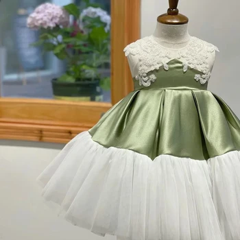 Green Applique Flower Girl Dresses 2022 New Baby Christmas Puff Party Prom Gowns Kids Beaded Birthday Dress платье для девочки