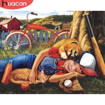 HUACAN Pictures By Number Мальчик и Собака, рисунок своими руками, рисунок на холсте, ручная роспись, Украшение для дома, Художественный подарок 40x50 см