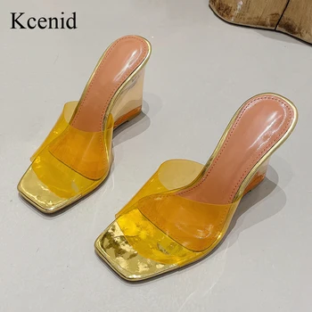 Kcenid Прозрачно-оранжевые женские тапочки на танкетке, модные женские босоножки для подиума, свадебные слайды из ПВХ с открытым носком, Новинка 2022 года, обувь