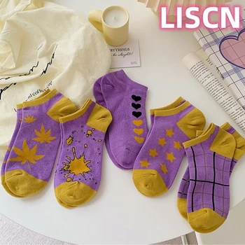 LISCN 2023 Новая Прекрасная Фиолетовая серия Носков с сетчатым рисунком в виде кленовых листьев, Хлопчатобумажные носки с низким голенищем для женщин, студенческих аксессуаров для девочек
