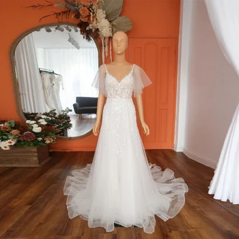 Miaoduo, элегантные свадебные платья для невест с развевающимися рукавами, кружевные свадебные платья с V-образным вырезом