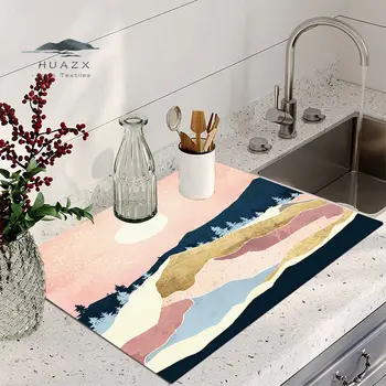 Morandi Коврик для сушки посуды с абстрактным пейзажем, коврик для сушки посуды на кухонном столе, раковина, Миска, Тарелка, чашка, бутылка, Супервпитывающий домашний декор