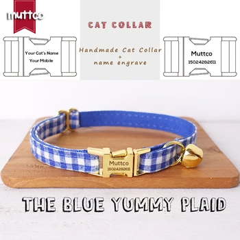 MUTTCO retail высококачественный ошейник с металлической пряжкой ручной работы и гравировкой для кошки THE BLUE YUMMY PLAID design cat collar 2 размера UCC046B