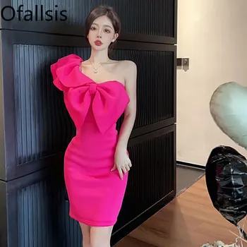 Ofallsis Rose, Розовое Сексуальное Короткое вечернее платье с бантом на одно плечо, Новинка лета 2023, Сексуальные Корейские шикарные платья с узкой талией, облегающие бедра