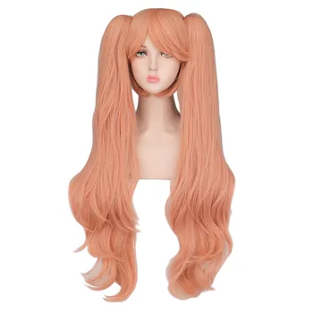 QQXCAIW Длинные волнистые парики для косплея с 2 хвостиками Розовые вечерние парики для косплея из синтетических волос