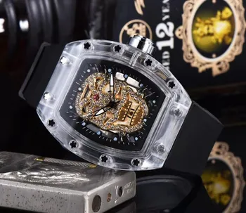 Reloj Hombre RM Business fashion Многофункциональные кварцевые часы с резьбой в виде черепа из прозрачного сплава с 3 указателями, титановая пряжка