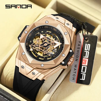 SANDA Fashion Корпус из розового золота, классный циферблат, автоматические механические часы, оригинальные мужские часы, светящиеся 50-метровые водонепроницаемые Модные часы 7014