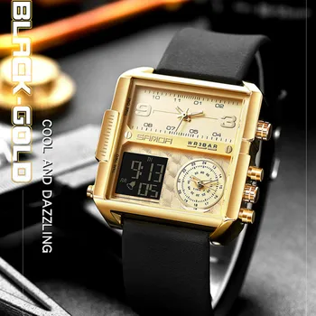Sanda Лучший бренд класса Люкс Мужские квадратные часы Креативные часы с 3-кратным дисплеем для мужчин Спортивные Водонепроницаемые Кожаные часы reloj hombre