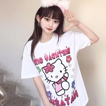 Sanrio Hello Kitty Хлопковая Новая Летняя Свободная Футболка С Коротким Рукавом, Топ С Темным Принтом Для Девочек, Милая Одежда Harajuku Y2k