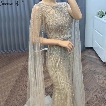 Serene Hill Brown Mermaid Elegant 2022 С рукавами-накидками, расшитыми бисером, Роскошные вечерние платья Платья для женщин Party GLA70638