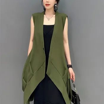 Spring Summer Sleeveless Outfit Solid Color Long Waistcoat For Women Irregular Vest Clothes Летний длинный жилет