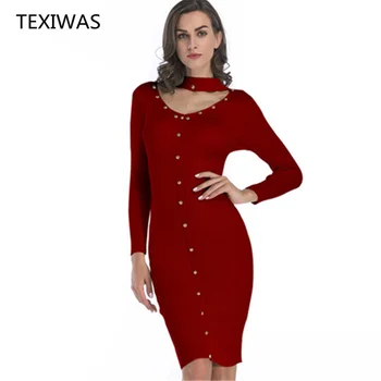 TEXIWAS, Винтажные Облегающие платья на пуговицах, Сексуальное Тонкое осеннее вечернее платье с V-образным вырезом, женское Vestidos, 4 цвета, Трикотажное платье на бретелях