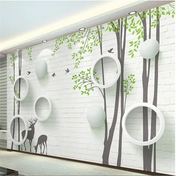 wellyu papel de parede para quarto Пользовательские обои 3d современная кирпичная стена круг лося абстрактное дерево птица фон стены