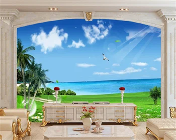 Wellyu Пользовательские обои пейзажная живопись приморская кокосовая пальма голубое небо белые облака трава диван фон настенная роспись behang