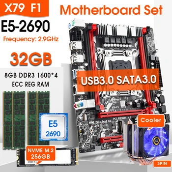 X79F1 3,0 Комплект материнской платы E5 2690 CPU 4x8 ГБ = 32 ГБ 1600 МГц DDR3 ECC REC COOLER Kit SATA3.0 USB3.0 и 256 ГБ NVMe M.2 SSD