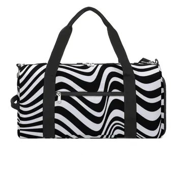 Абстрактный полосатый дизайн, спортивные сумки, черные и белые полосы, аксессуары для спортзала, спортивная сумка, Оксфордская сумка на заказ, сумка для плавания, сумка для фитнеса.