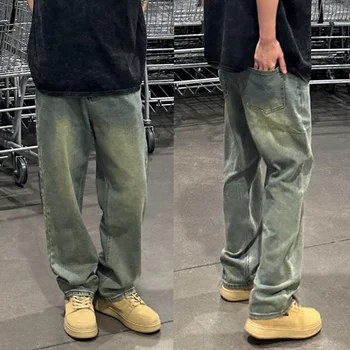 Американские джинсы Ретро желтого цвета, застиранные грязью, потертые, прямые, уличные, Летние, тонкие, повседневные мужские джинсы