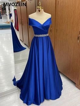 Атласное вечернее платье с открытыми плечами трапециевидной формы, расшитый бисером пояс Длиной до пола, длинные Королевские синие платья для выпускного вечера 2023, вечернее платье для вечеринок