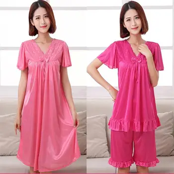 Бесплатная доставка 2022 Женская летняя ночная рубашка из ледяного шелка, женский комплект пижам большого размера с коротким рукавом и домашняя пижама