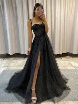 Блестящие черные платья для выпускного вечера с корсетом в виде сердца, вечерние платья на тонких бретельках с 3D цветами, Длинные вечерние платья с разрезом сбоку