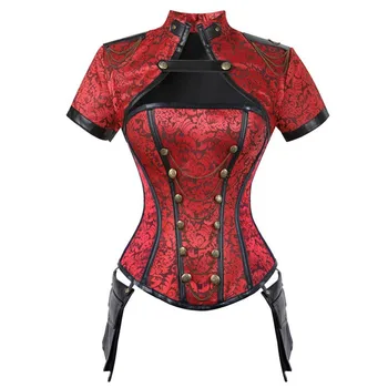 Бюстье в стиле стимпанк с готическим вырезом, винтажный черно-красный топ с цветочным рисунком для женщин, костюм с коротким рукавом, одежда, женский корсет